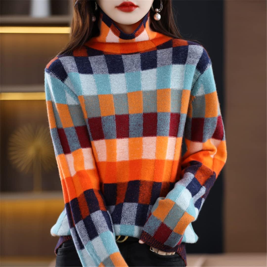 100% Merino Wool Women's Clothing Sweater Fashion Checkerboard Plaid Top Knit Turtleneck Pullover Autumn Winter - Image 3