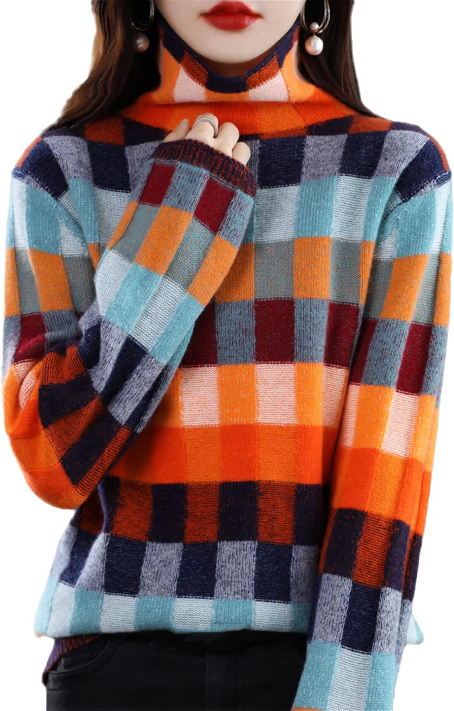 100% Merino Woolen Women's Clothing Sweater Fashion Checkerboard Plaid Top Knit Turtleneck Pullover Autumn Winter