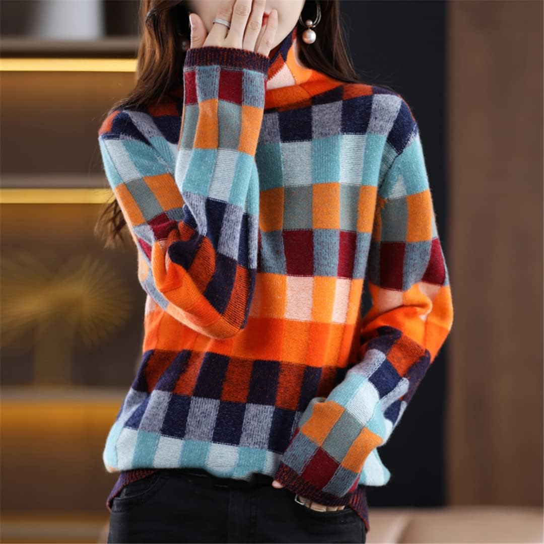 100% Merino Woolen Women's Clothing Sweater Fashion Checkerboard Plaid Top Knit Turtleneck Pullover Autumn Winter - Image 4