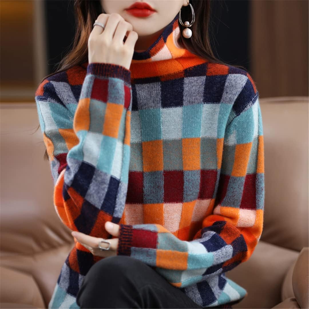 100% Merino Woolen Women's Clothing Sweater Fashion Checkerboard Plaid Top Knit Turtleneck Pullover Autumn Winter - Image 5