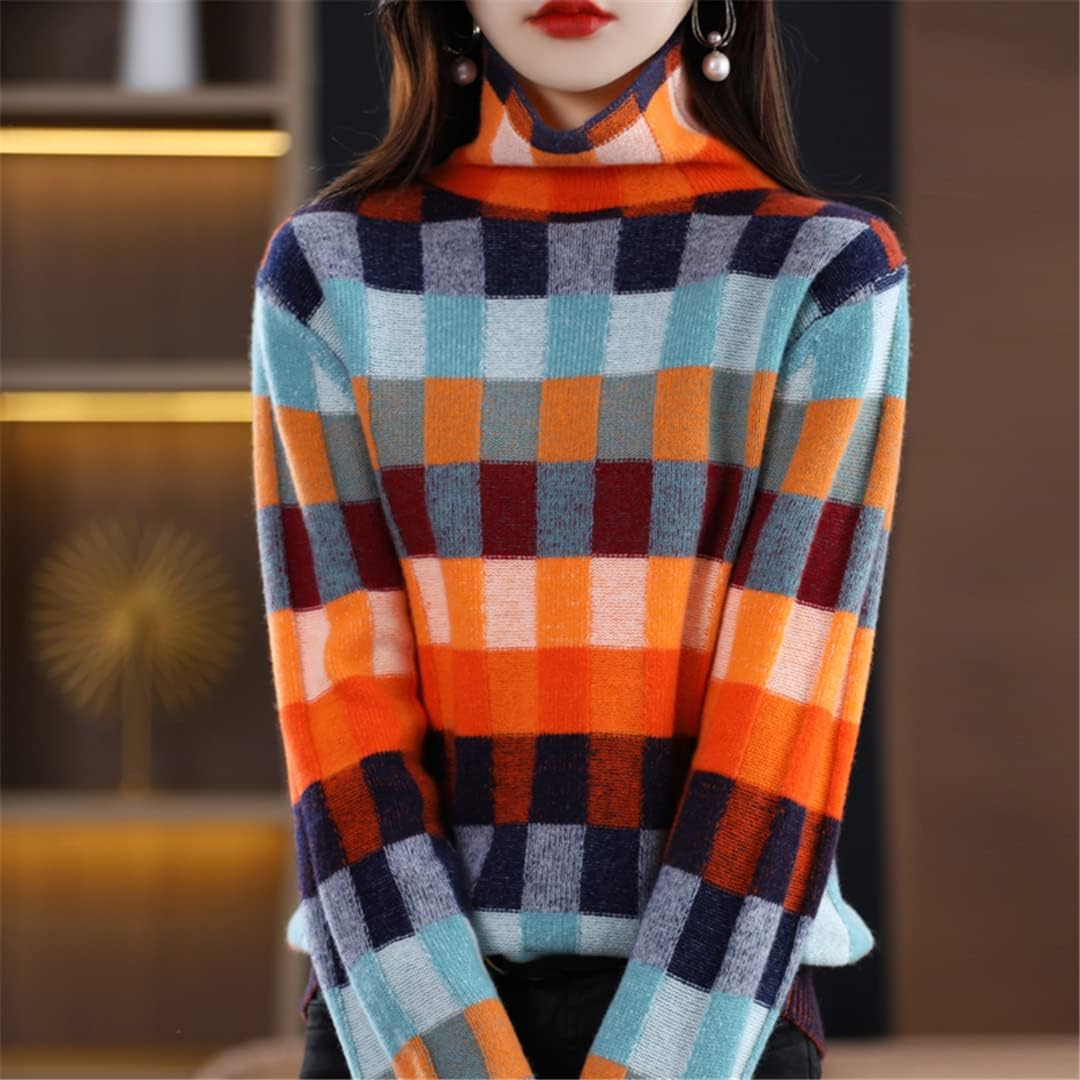 100% Merino Woolen Women's Clothing Sweater Fashion Checkerboard Plaid Top Knit Turtleneck Pullover Autumn Winter - Image 2