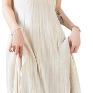 A-Line Dress Turn Down Collar Summer Dress Women Sleeveless Casual Loose Fashion Solid Pleated Miyak Dress Women's Clothing