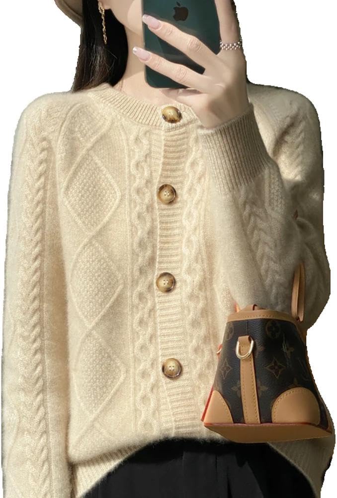Autumn Winter Women' Clothing 100% Pure Neck Knitted Cardigan Twisted Flower Long Sleeve Tops Warm Shirt - Image 10