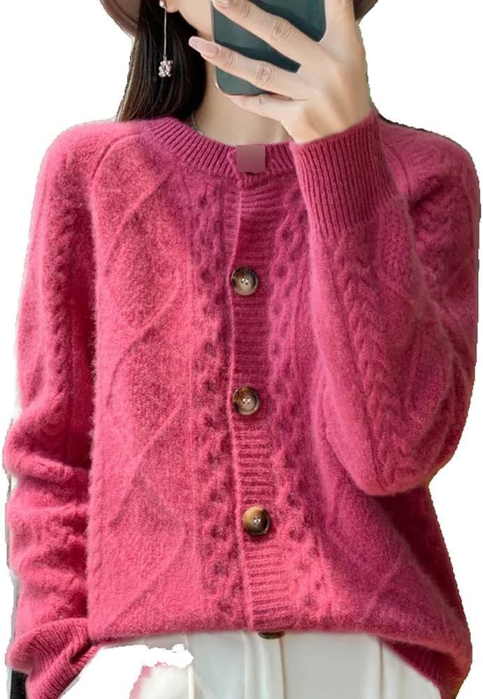 Autumn Winter Women' Clothing 100% Pure Neck Knitted Cardigan Twisted Flower Long Sleeve Tops Warm Shirt - Image 8