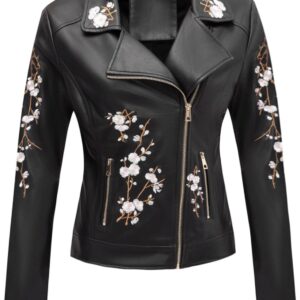 Bellivera Women Faux Leather Jacket Studded Rivet Floral Moto Biker Coat