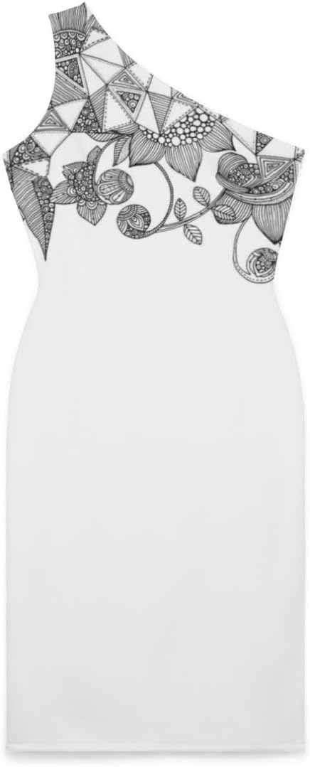 Boho Eco Boutique One Shoulder Dress | White and Black Floral Print | Bohemian Style Women's Fashion | Eco-Friendly Clothing - Image 2