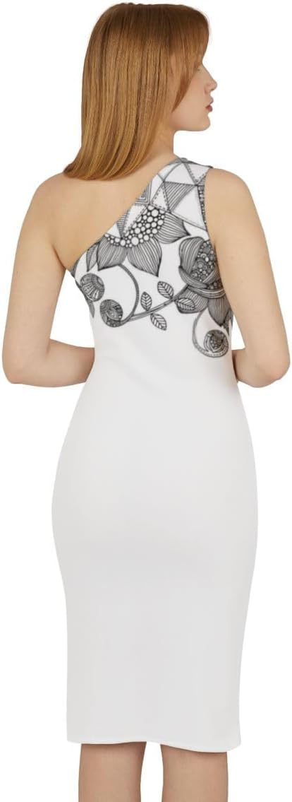 Boho Eco Boutique One Shoulder Dress | White and Black Floral Print | Bohemian Style Women's Fashion | Eco-Friendly Clothing - Image 4