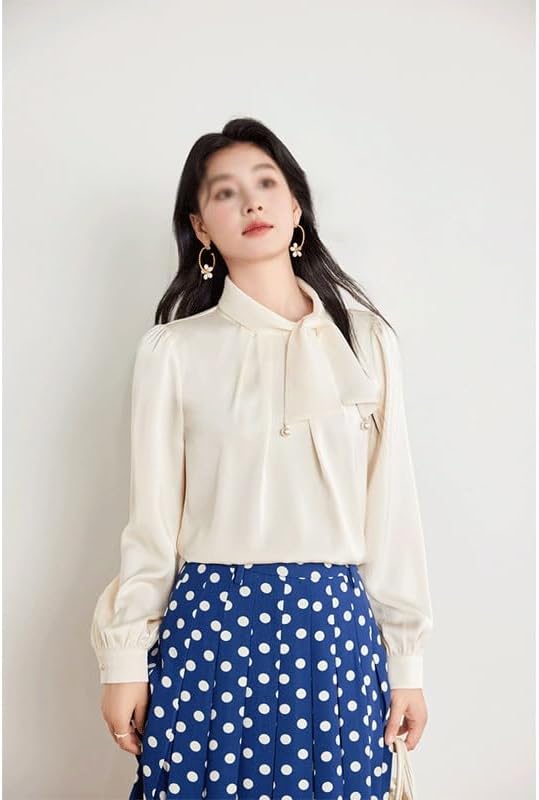 Bowknot Chiffon Shirt Women's Tops Small Shirt Women's Clothing Long Sleeve Women's Shirt(Beige,L) - Image 4