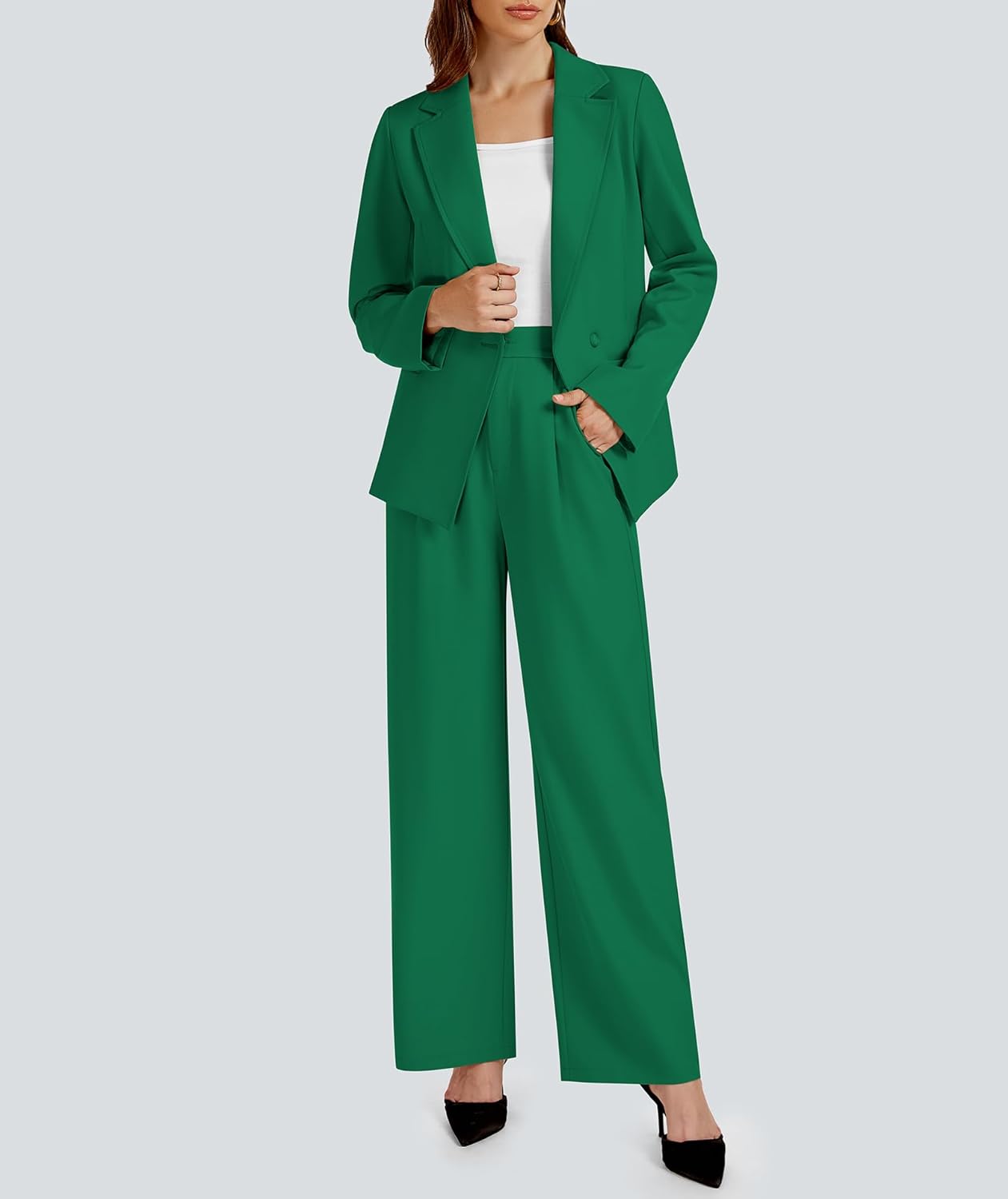 Casly Lamiit 2 Piece Outfits for Women Business Casual Single Button Blazer Jacket and Wide Leg Pants Matching Suit Sets - Image 2