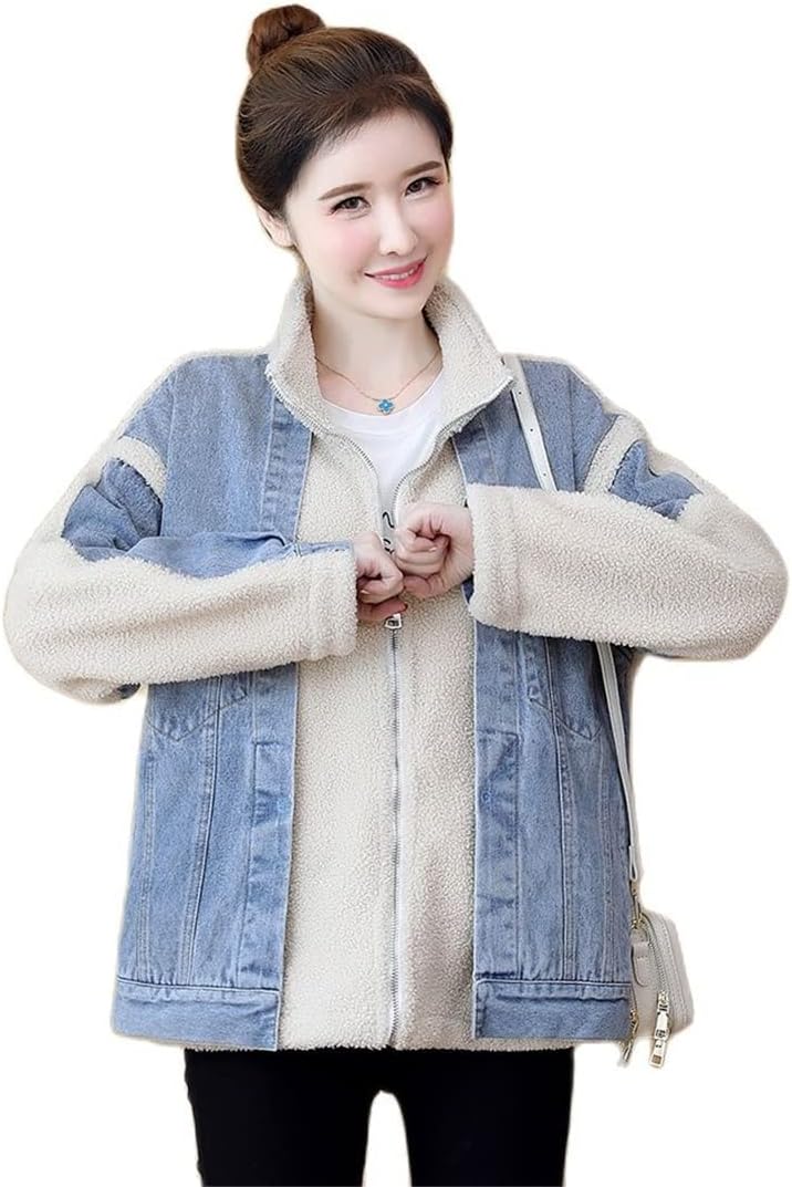 Fashion Autumn Winter Jean Coat Women Clothing Plus Size Outerwear Lamb Wool Coats Patchwork Denim Jackets Female Tops - Image 2