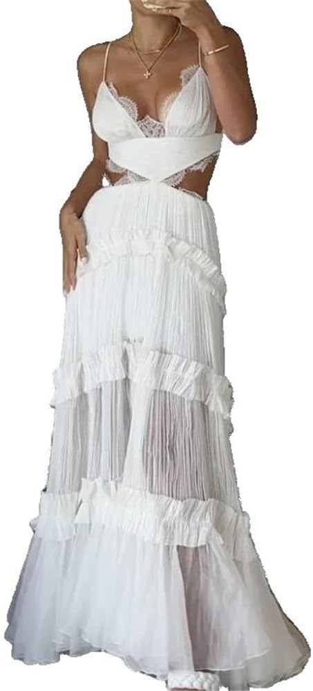 Fashion Summer Casual Sexy Dresses Elegant Strap Lace Perforated Female Clothing Outfits