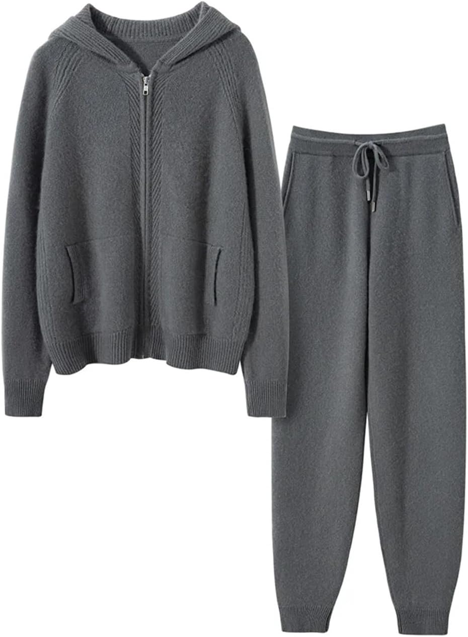 Fashion Zipper Suit Winter Cashmere Knitted Sweater Women Cardigan and Pants Two-Piece Female Clothes Gray - Image 4