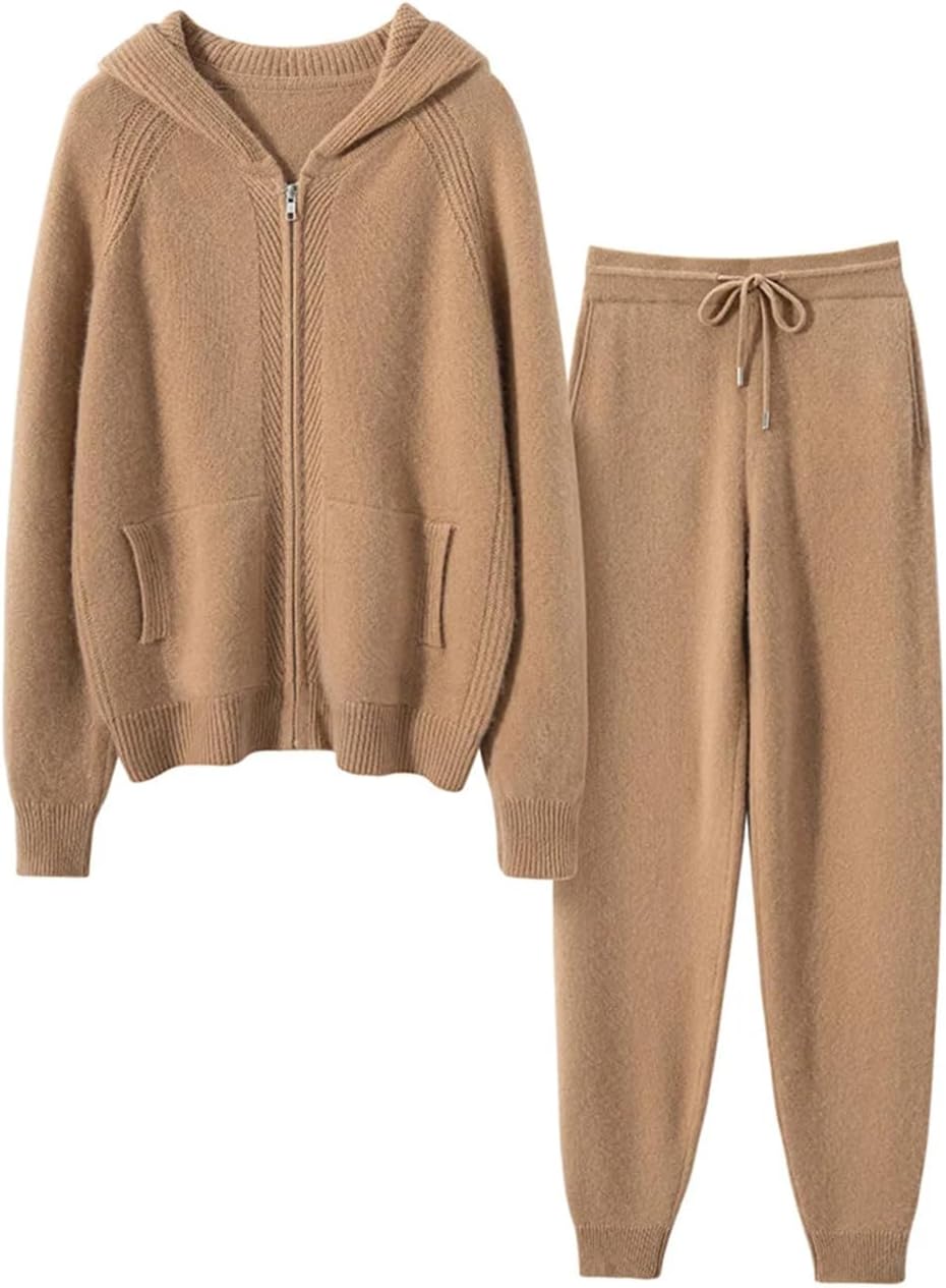 Fashion Zipper Suit Winter Cashmere Knitted Sweater Women Cardigan and Pants Two-Piece Female Clothes Gray - Image 5