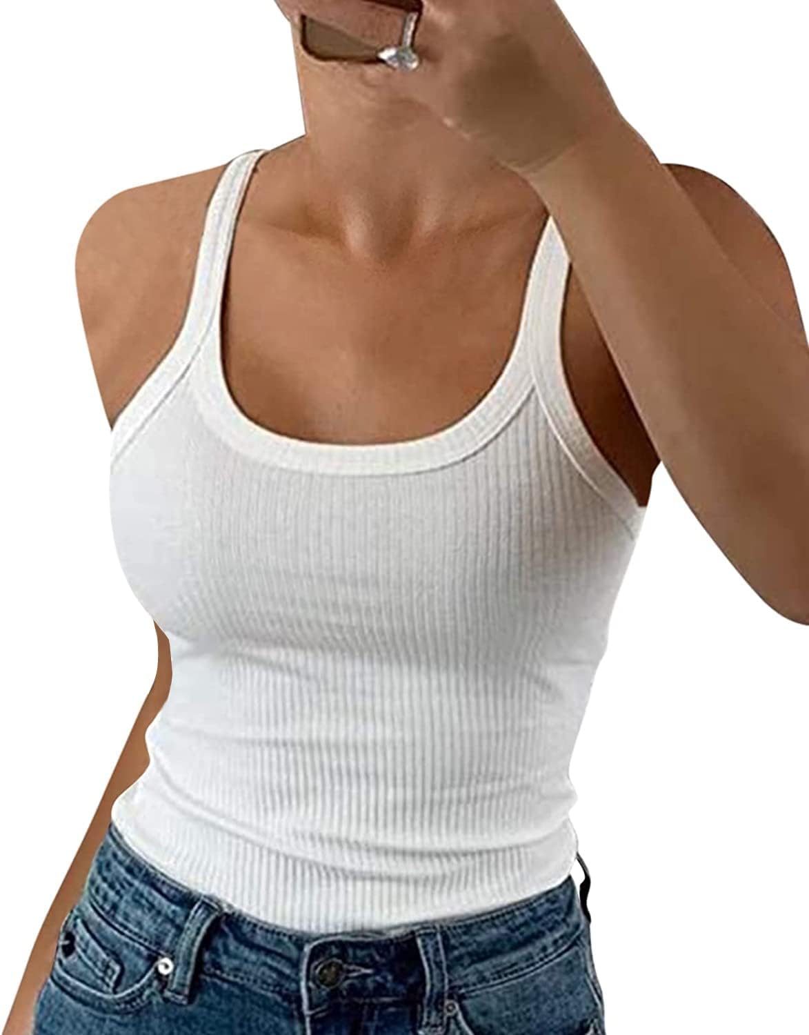 GEMBERA Women Spaghetti Strap Scoop Neck Ribbed Tank Tops Slim Fitted Cotton Camisole Basic Sleeveless Layering Shirts - Image 6