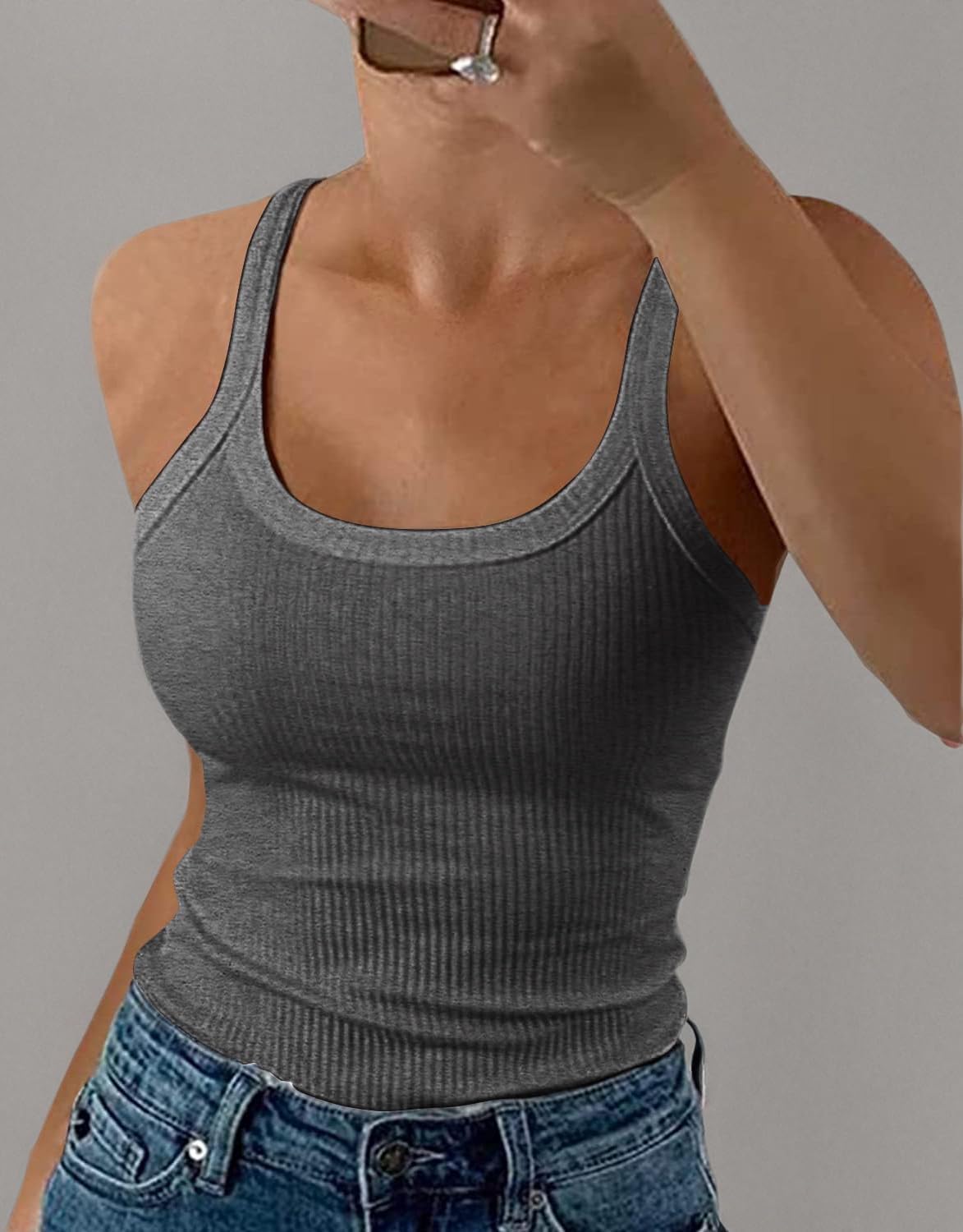 GEMBERA Women Spaghetti Strap Scoop Neck Ribbed Tank Tops Slim Fitted Cotton Camisole Basic Sleeveless Layering Shirts - Image 4