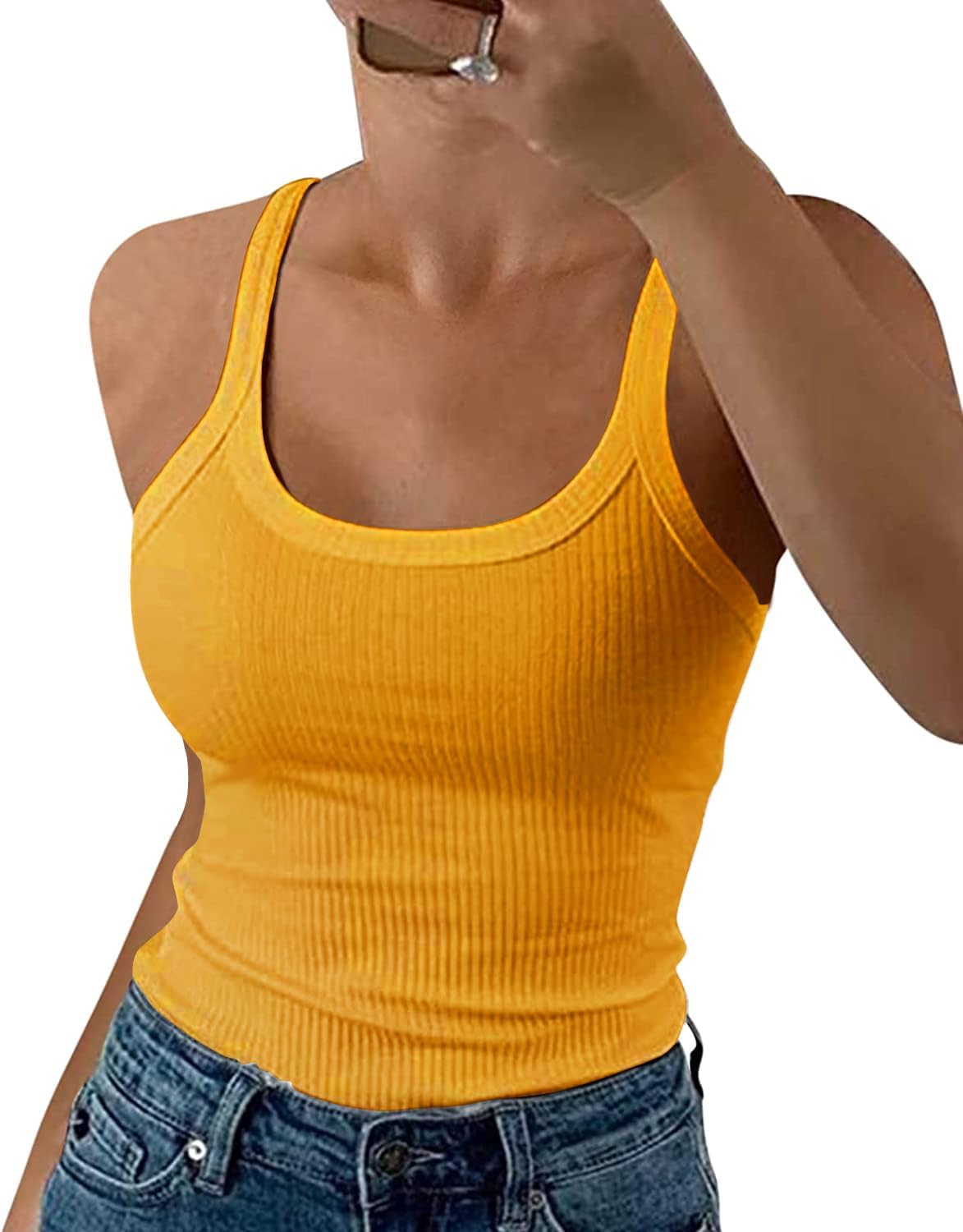 GEMBERA Women Spaghetti Strap Scoop Neck Ribbed Tank Tops Slim Fitted Cotton Camisole Basic Sleeveless Layering Shirts - Image 7