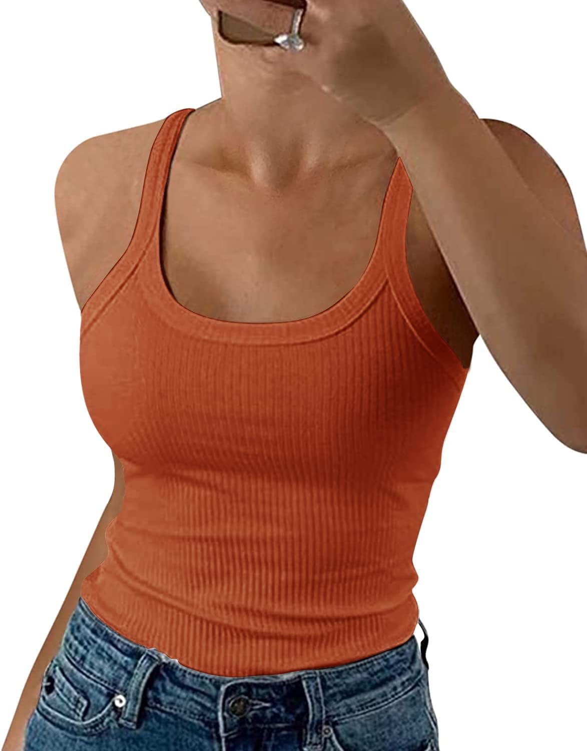 GEMBERA Women Spaghetti Strap Scoop Neck Ribbed Tank Tops Slim Fitted Cotton Camisole Basic Sleeveless Layering Shirts - Image 16