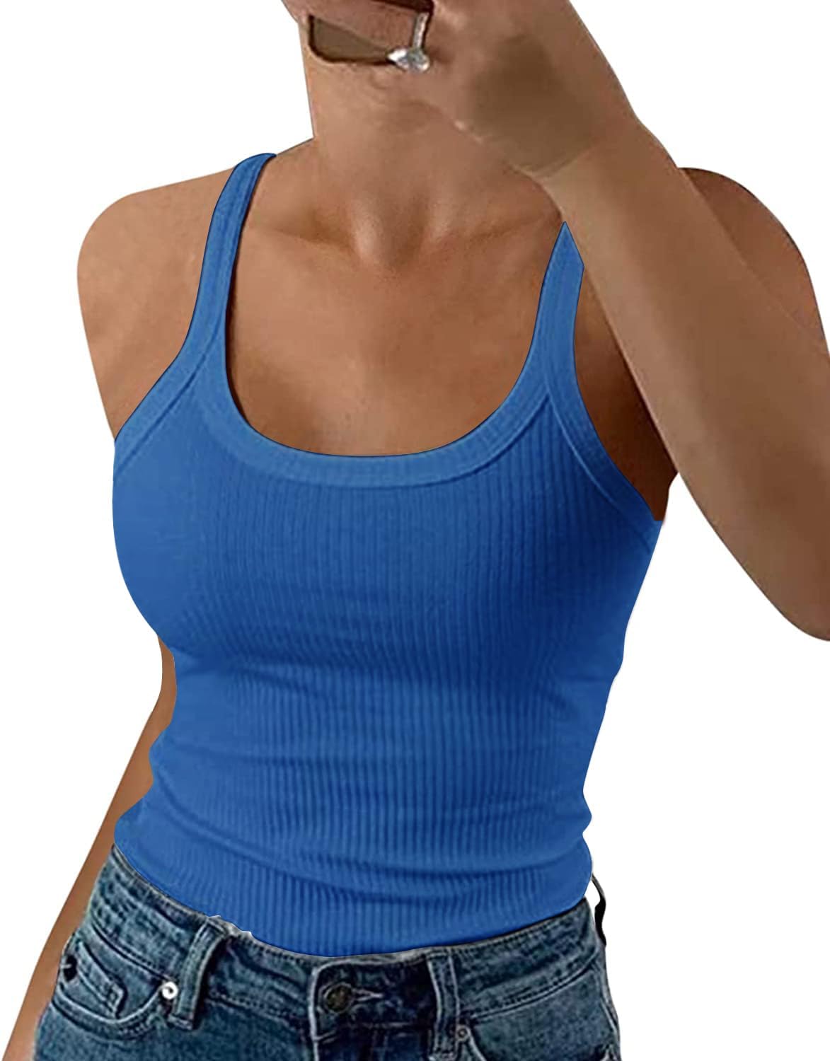 GEMBERA Women Spaghetti Strap Scoop Neck Ribbed Tank Tops Slim Fitted Cotton Camisole Basic Sleeveless Layering Shirts - Image 9