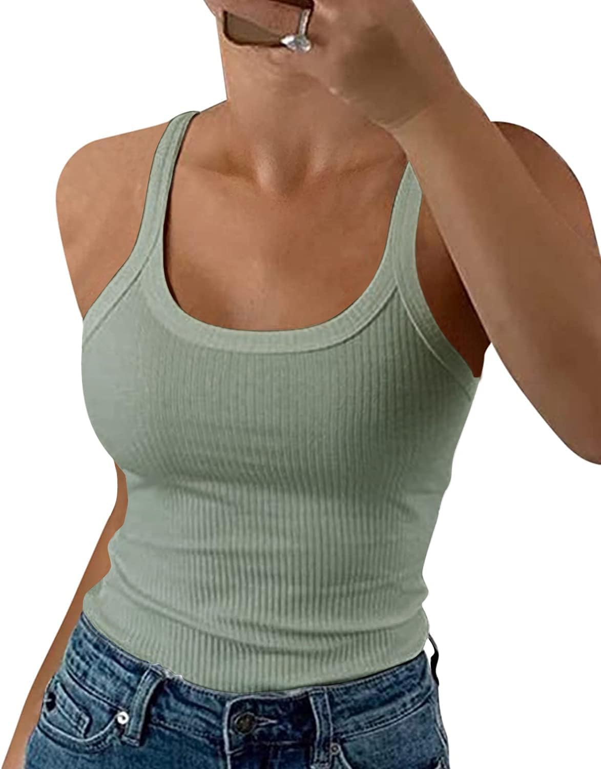 GEMBERA Women Spaghetti Strap Scoop Neck Ribbed Tank Tops Slim Fitted Cotton Camisole Basic Sleeveless Layering Shirts - Image 17