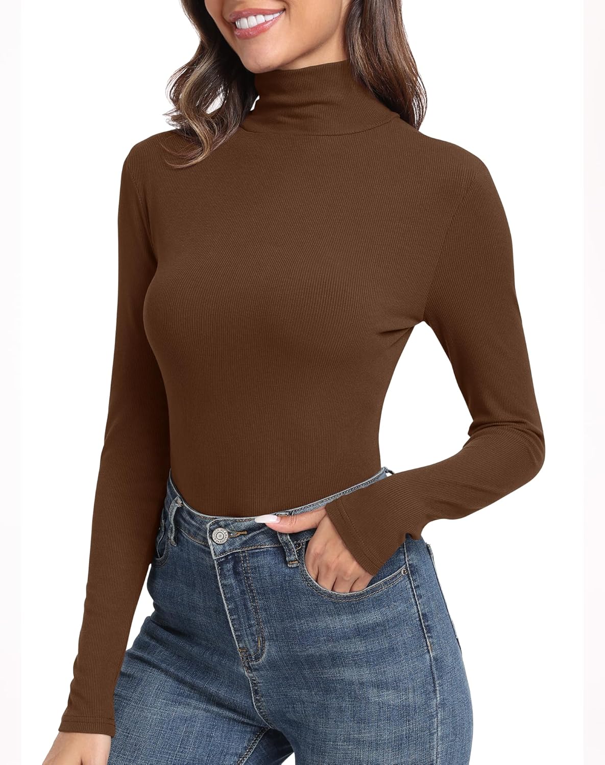 GEMBERA Womens Long Sleeve Turtle Neck Basic Slim Fitted Ribbed Knit Tops Thermal Shirts - Image 2