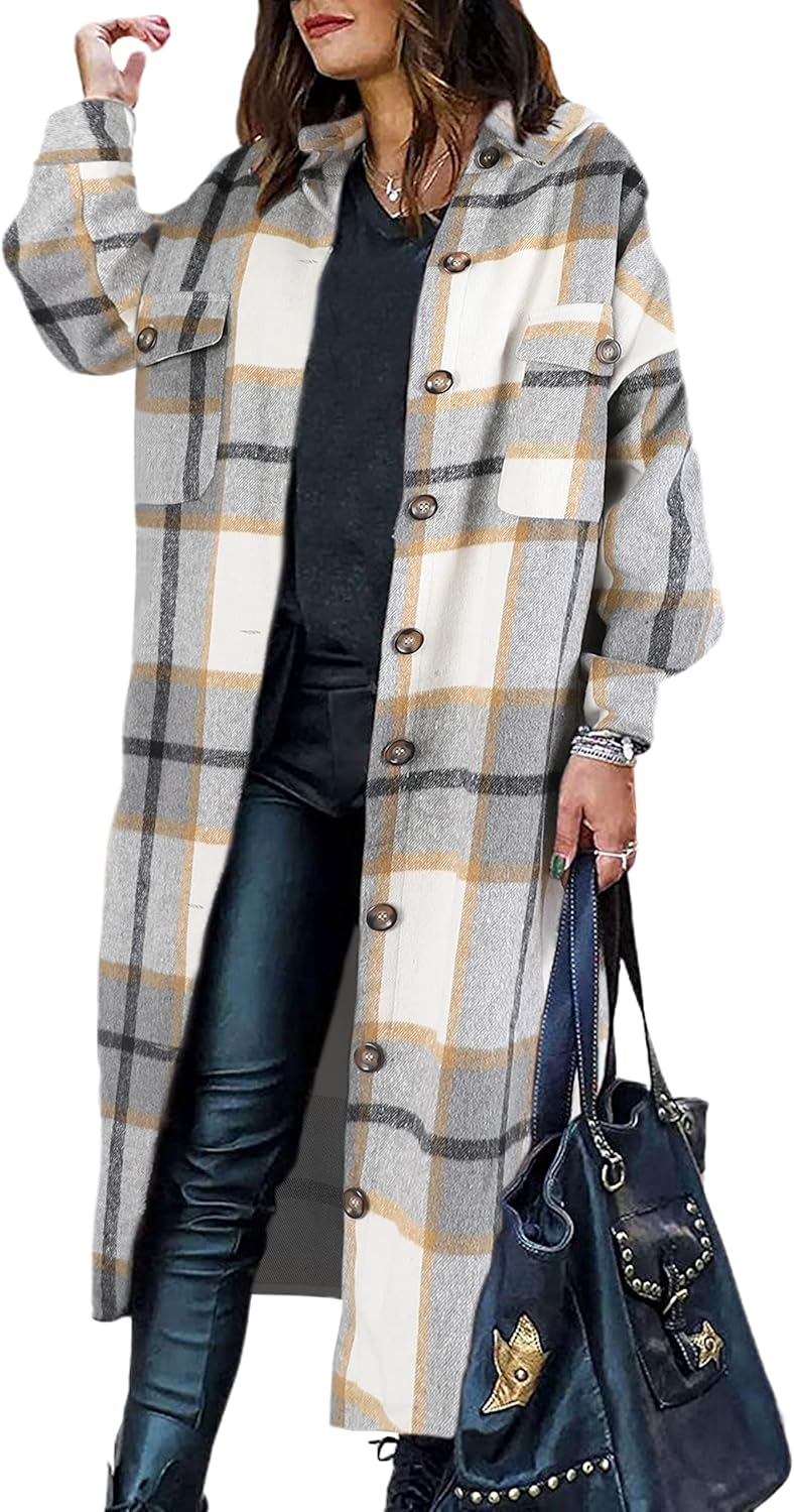 Himosyber Women's Casual Plaid Lapel Woolen Button Up Pocketed Long Shacket Coat - Image 6