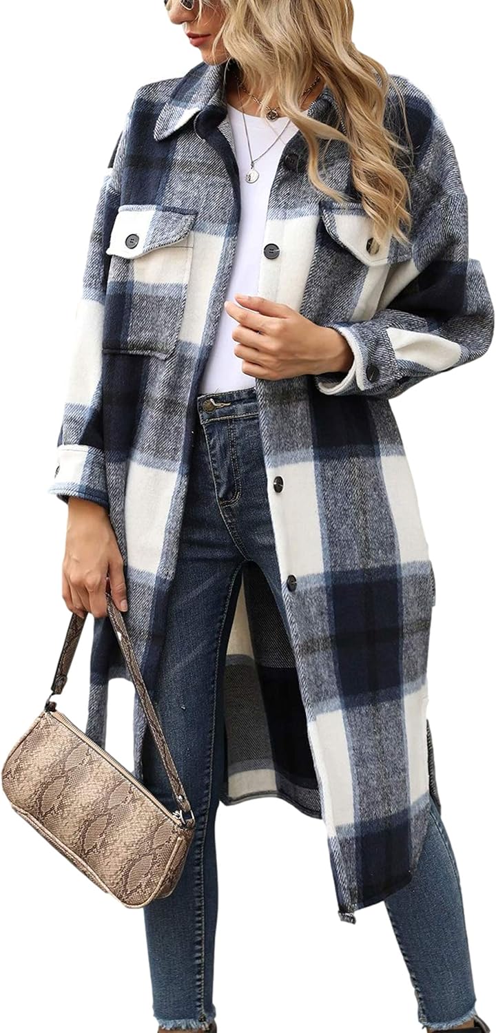 Himosyber Women's Casual Plaid Lapel Woolen Button Up Pocketed Long Shacket Coat - Image 12