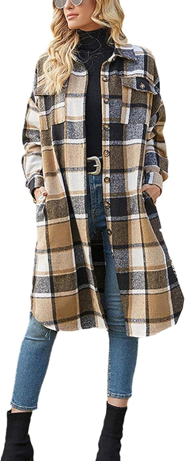 Himosyber Women's Casual Plaid Lapel Woolen Button Up Pocketed Long Shacket Coat - Image 11