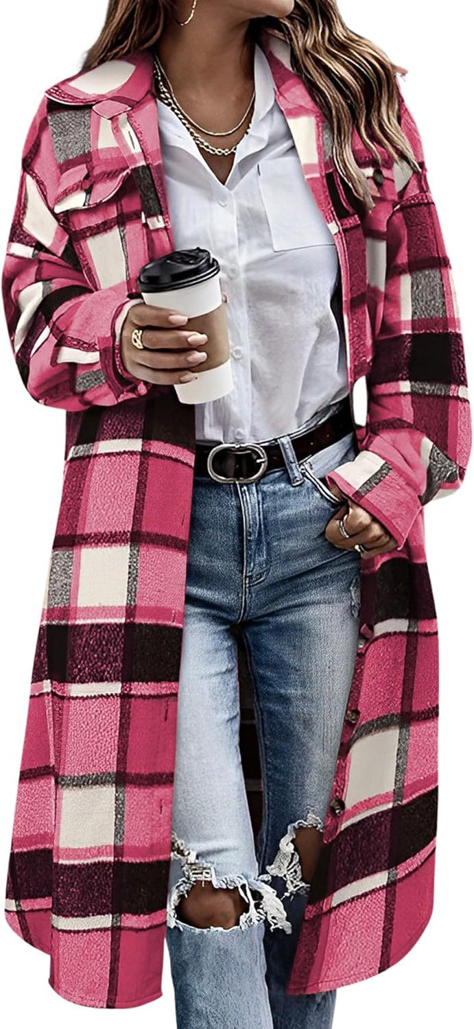 Himosyber Women's Casual Plaid Lapel Woolen Button Up Pocketed Long Shacket Coat - Image 10