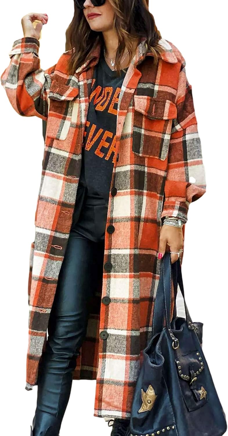 Himosyber Women's Casual Plaid Lapel Woolen Button Up Pocketed Long Shacket Coat