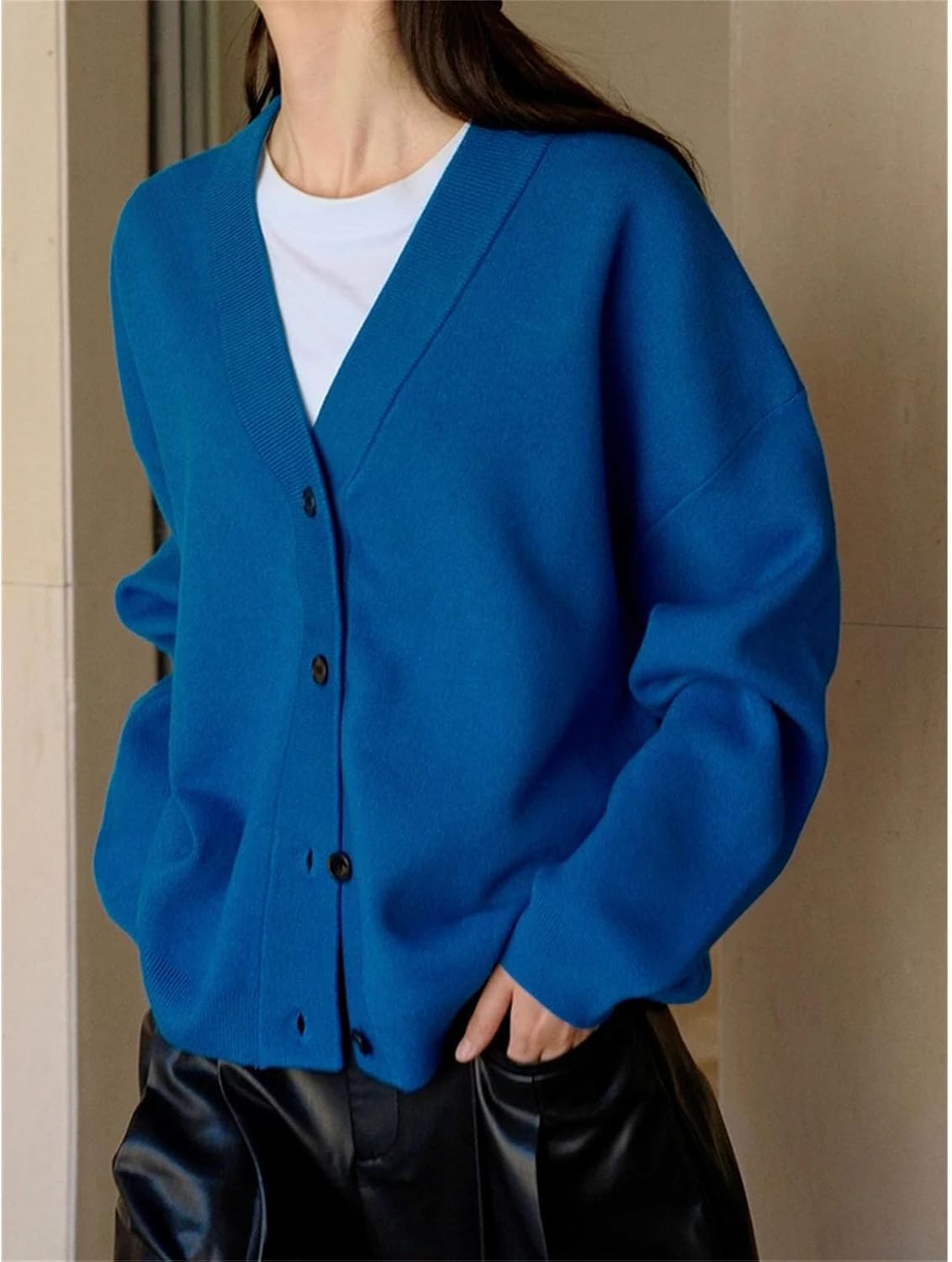 Large Size Knit Cardigan Loose V-Neck Long Sleeve Women's Clothing Blue - Image 3
