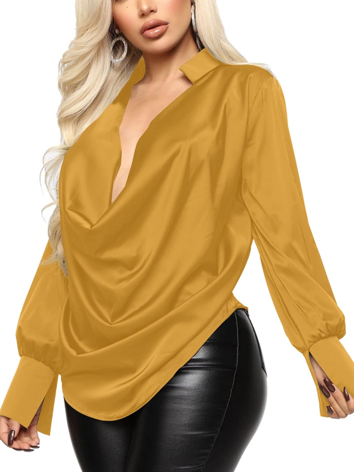 LYANER Women's Satin Collar Neck Drape Ruched Front Long Sleeve Blouse Shirt Top - Image 18