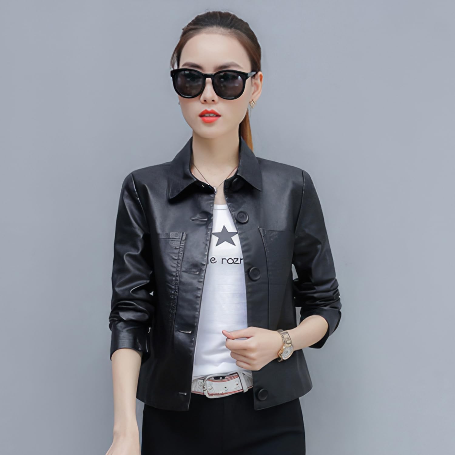 MARKHORN Women\u2019s Black Real Sheepskin Leather Shirt Collar Moto Café Racer Sporty Fashion Clothing Chic Slim Fit Jacket - Image 6