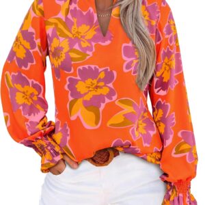 MASCOMODA Womens V Neck Floral Long Sleeve Tops 2025 Summer Casual Loose Puff Sleeve Chiffon Boho Work Blouse Dressy T Shirts