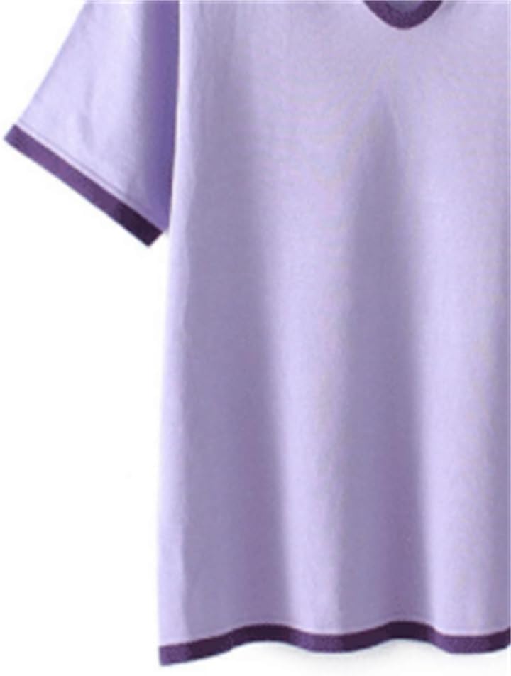 MVUYO Knitted Tops Peach Collar Contrast Color Tee T-Shirt for Women Clothes Fashion Casual Ice Silk(XL) - Image 3