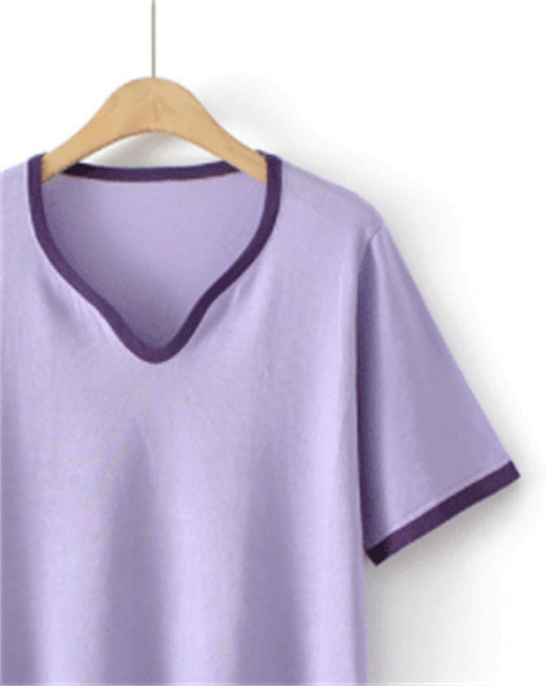 MVUYO Knitted Tops Peach Collar Contrast Color Tee T-Shirt for Women Clothes Fashion Casual Ice Silk(XL) - Image 2