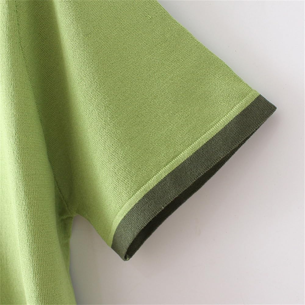 MVUYO T-Shirt for Women Clothes Fashion Casual Ice Silk Knitted Tops Peach Collar Contrast Color Tee(3XL) - Image 4