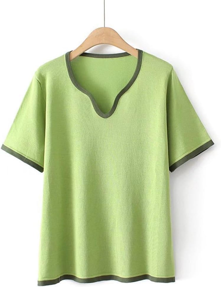 MVUYO T-Shirt for Women Clothes Fashion Casual Ice Silk Knitted Tops Peach Collar Contrast Color Tee(3XL)