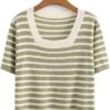 MVUYO Women Square Collar Stripe Tees Ice Silk Knit Short Sleeve Tops Oversized Curve Clothes Basic T-Shirt(2X-Large)