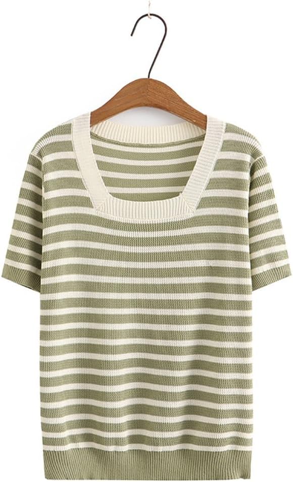 MVUYO Women Square Collar Stripe Tees Ice Silk Knit Short Sleeve Tops Oversized Curve Clothes Basic T-Shirt(2X-Large)