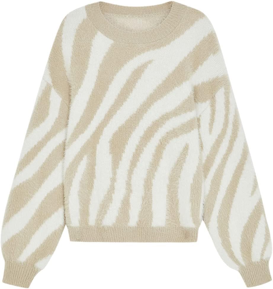 Niiyyjj Women's Pullover Khaki White Beige Pattern Knit Patchwork O Neck Fall Winter Clothing