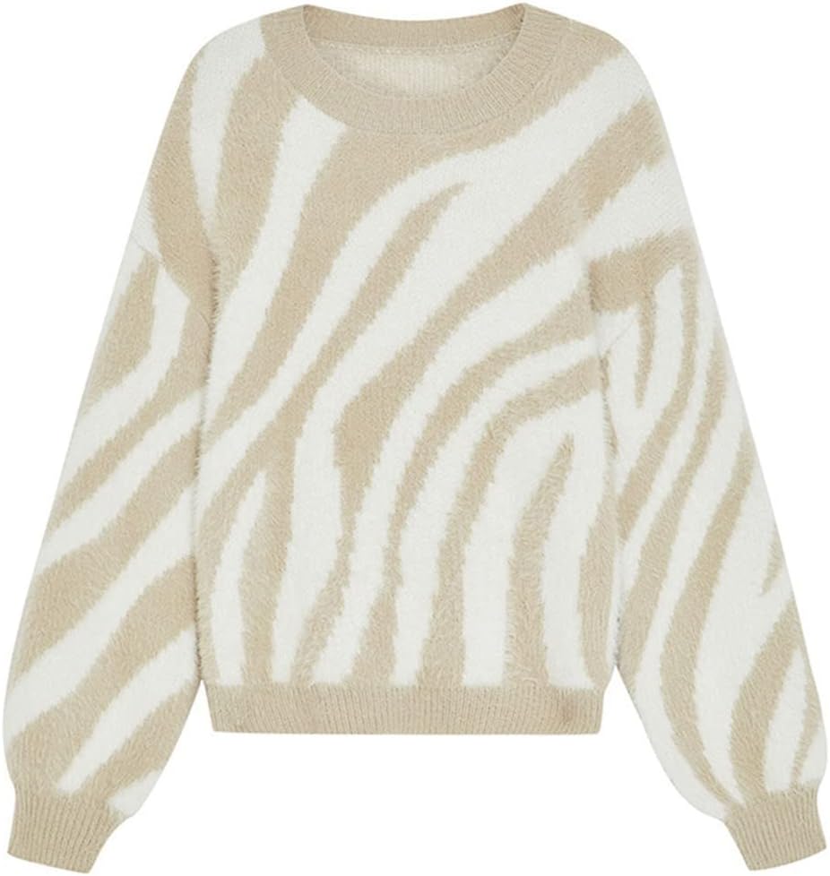 Niiyyjj Women's Pullover Khaki White Beige Pattern Knit Patchwork O Neck Fall Winter Clothing - Image 3