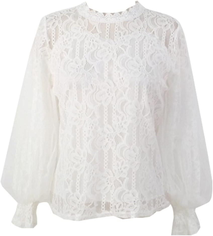 Office White Lace Shirts Women Floral Mesh Blouses Women Fashion Lantern Sleeve Clothing Tops Chemise Femme