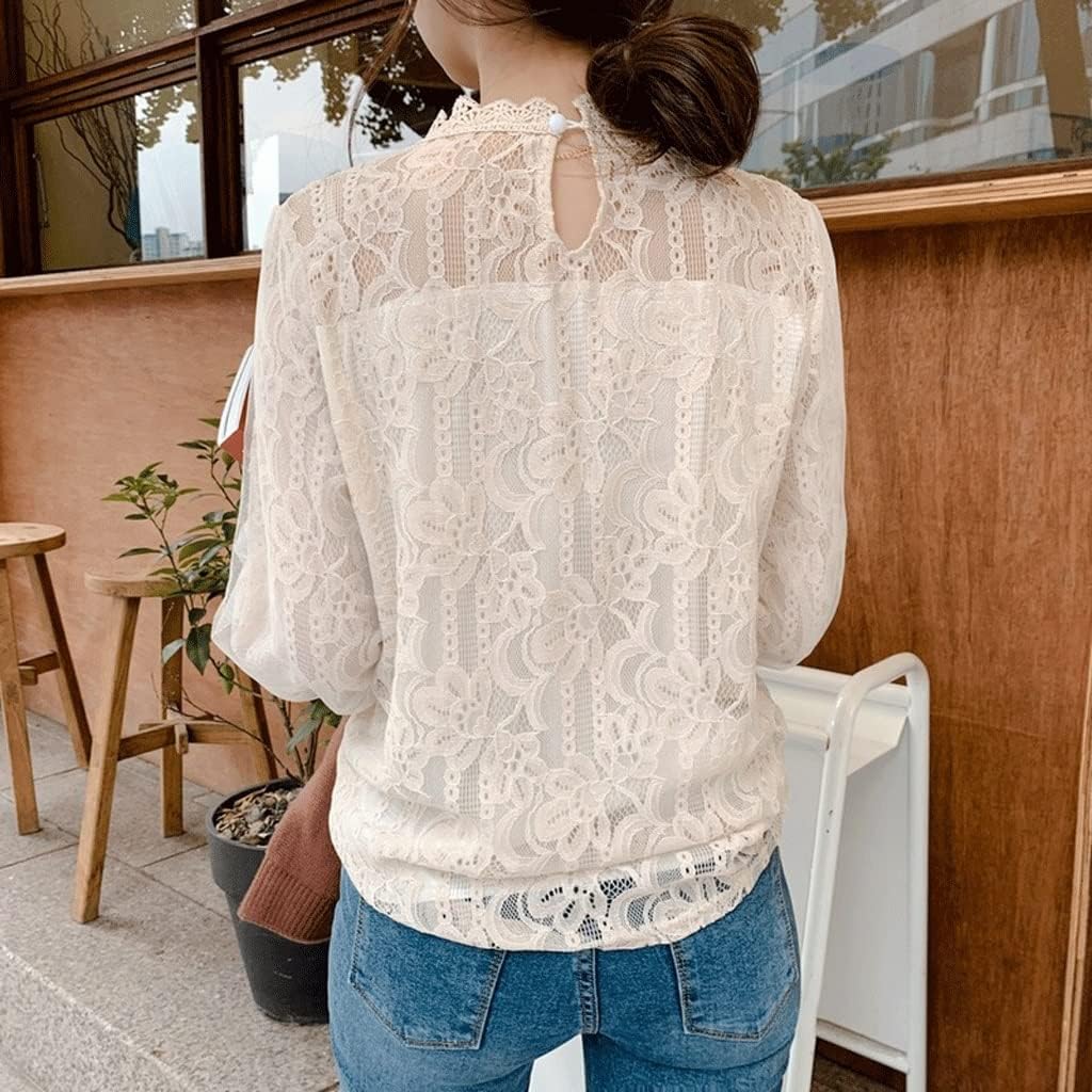 Office White Lace Shirts Women Floral Mesh Blouses Women Fashion Lantern Sleeve Clothing Tops Chemise Femme - Image 5