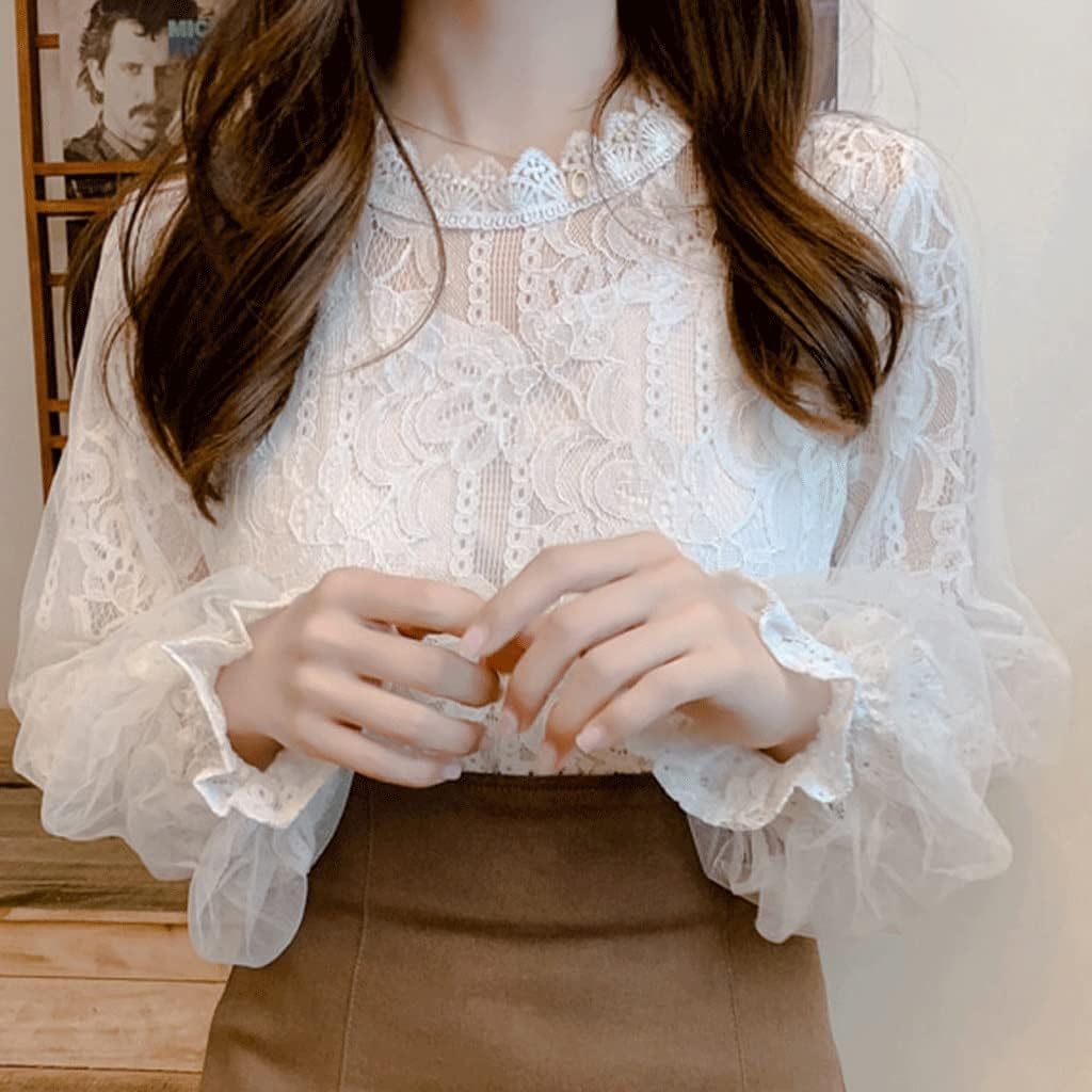 Office White Lace Shirts Women Floral Mesh Blouses Women Fashion Lantern Sleeve Clothing Tops Chemise Femme - Image 4