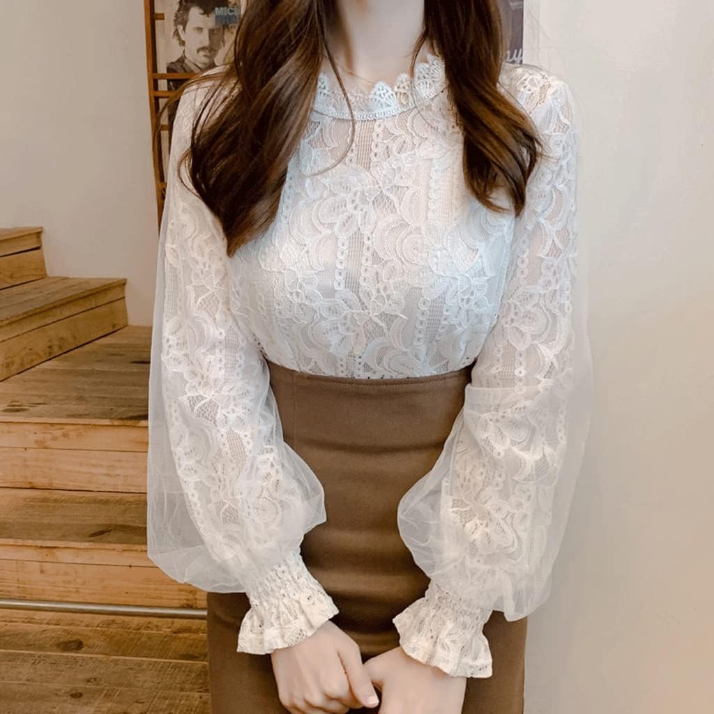 Office White Lace Shirts Women Floral Mesh Blouses Women Fashion Lantern Sleeve Clothing Tops Chemise Femme - Image 2