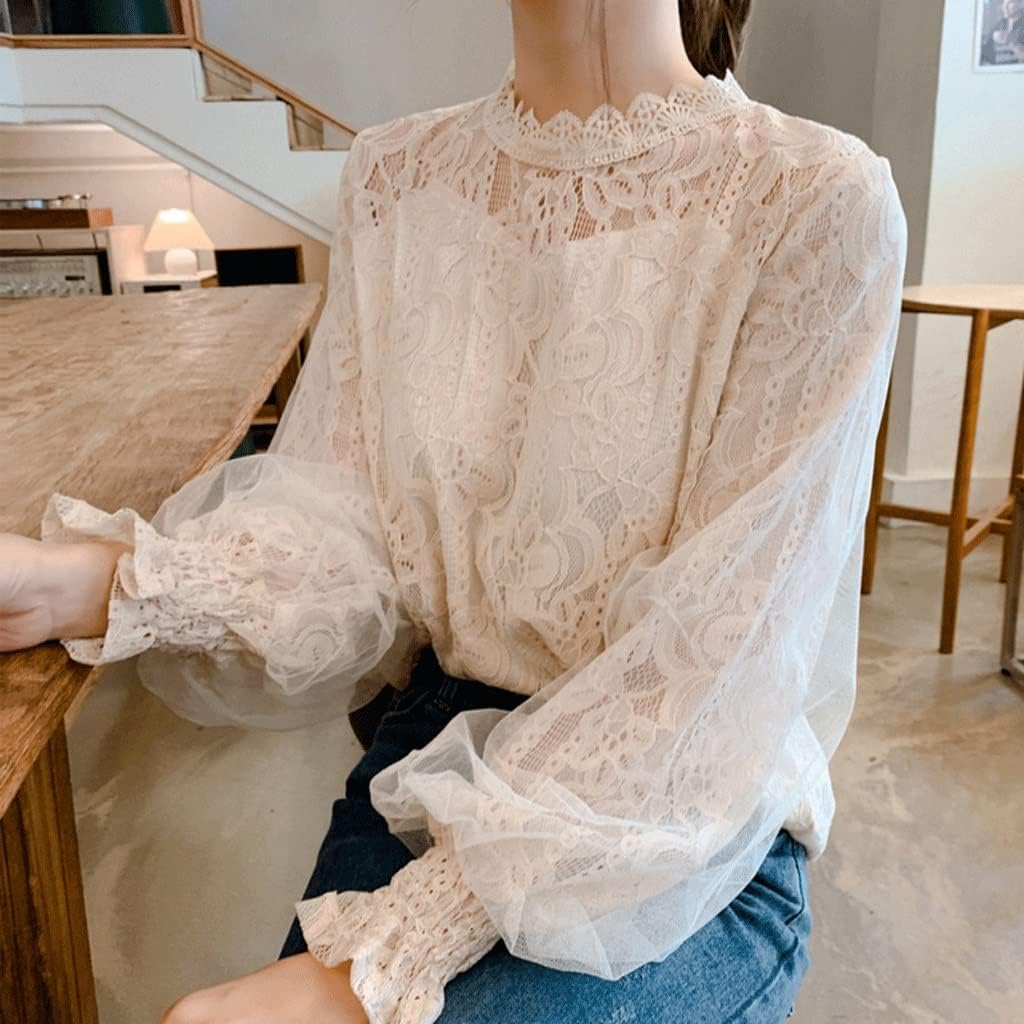 Office White Lace Shirts Women Floral Mesh Blouses Women Fashion Lantern Sleeve Clothing Tops Chemise Femme - Image 3