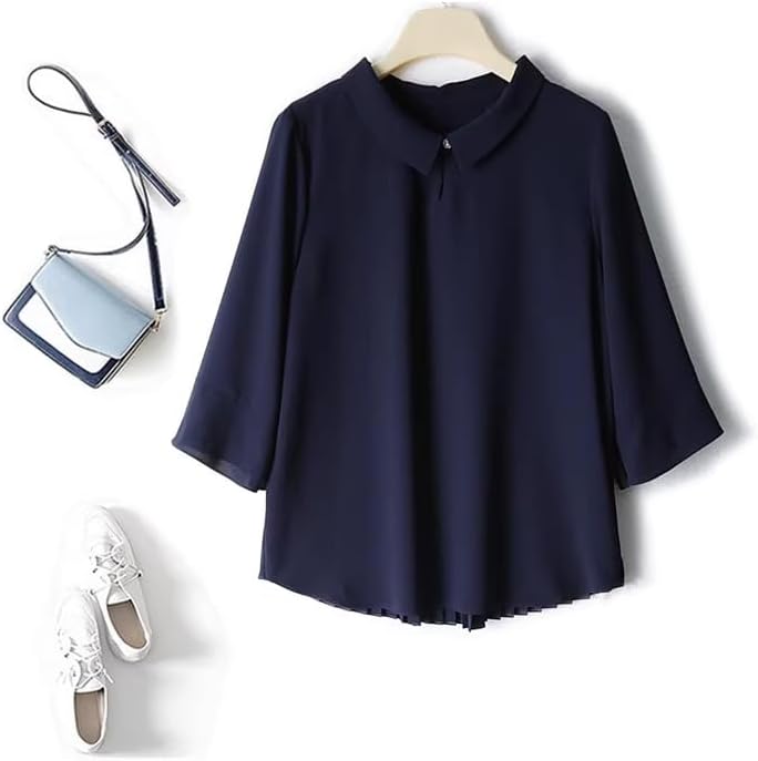 Pleated Design Draped and Slim Small Lapel threequarter Sleeve Womens Shirt top Summer Clothing - Image 2