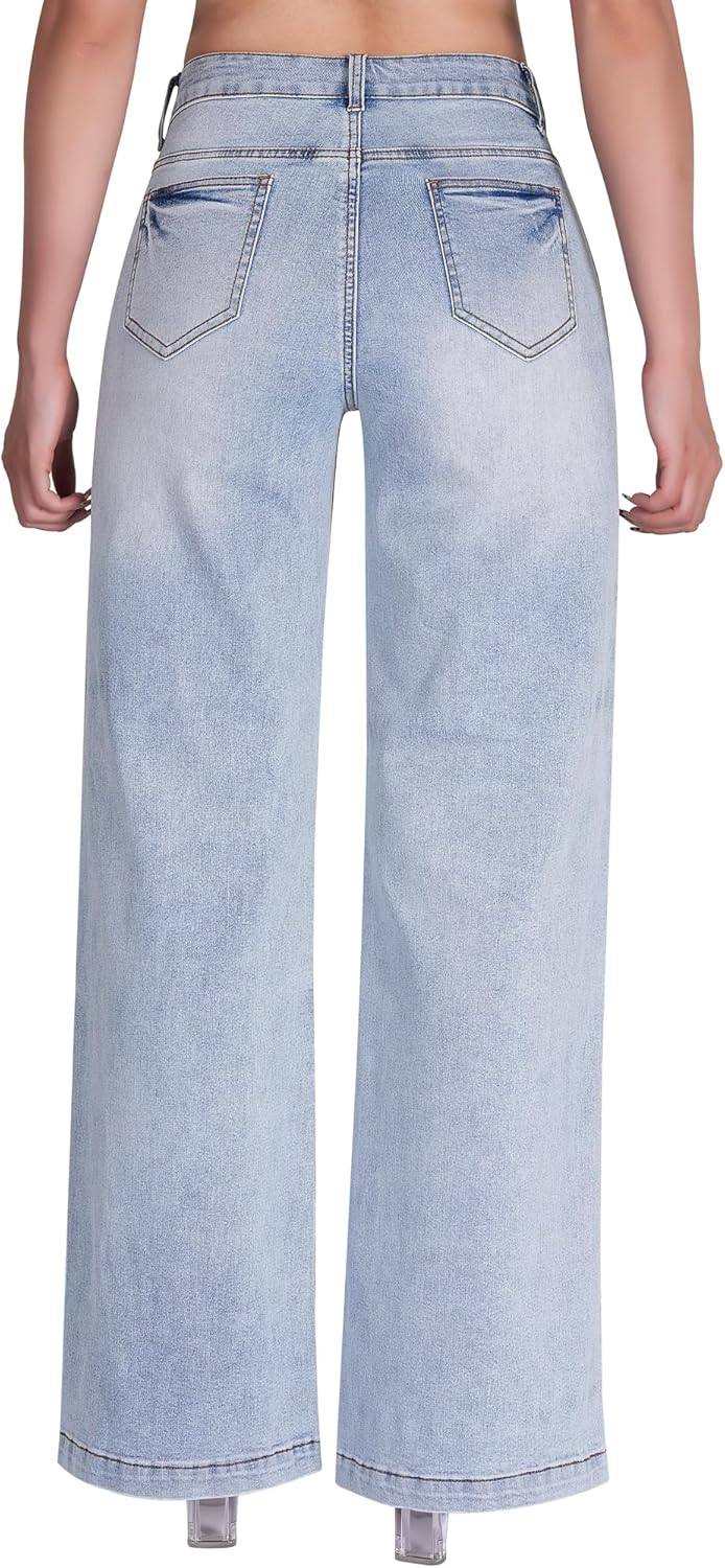 roswear Women's Wide Leg Jeans High Waisted Stretchy Denim Trouser Pants - Image 2