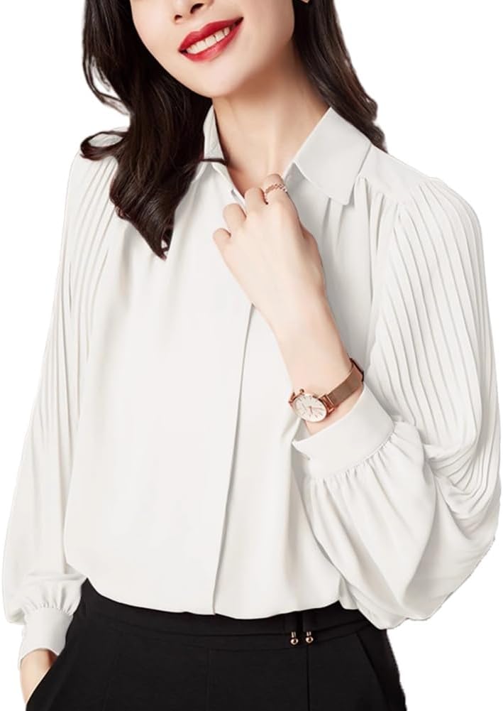 Shirt for Women Spring Clothes Black Chiffon Shirt Pleated Large Size top White Womens