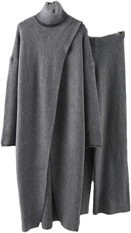 Split Long High Neck Sweaters with Wide Leg Pants 2 Pieces Knitted Thickened Sets Female Clothing Autumn - Image 2
